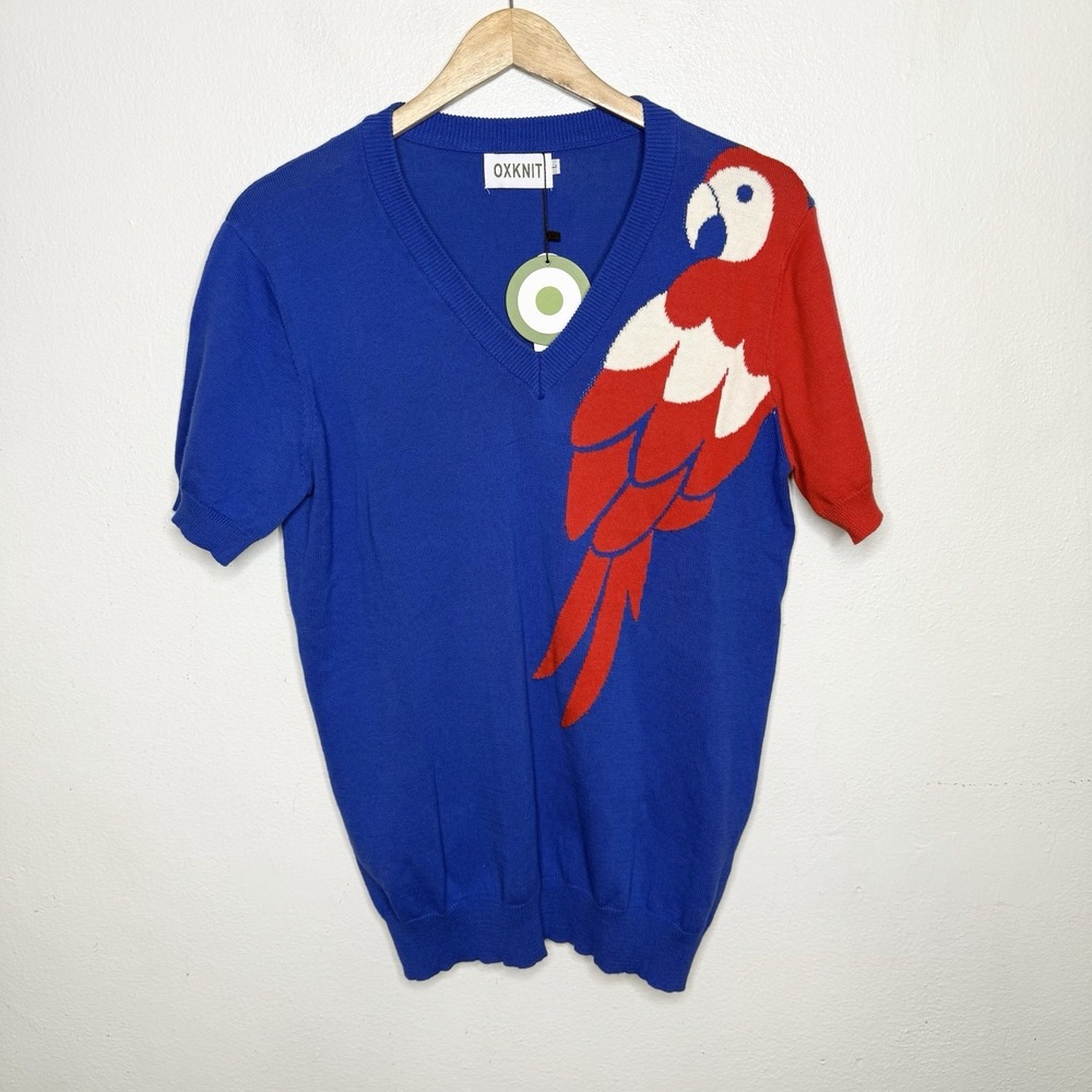 New Oxknit Blue Red Short Sleeve Parrot Sweater Retro Top Women's Large